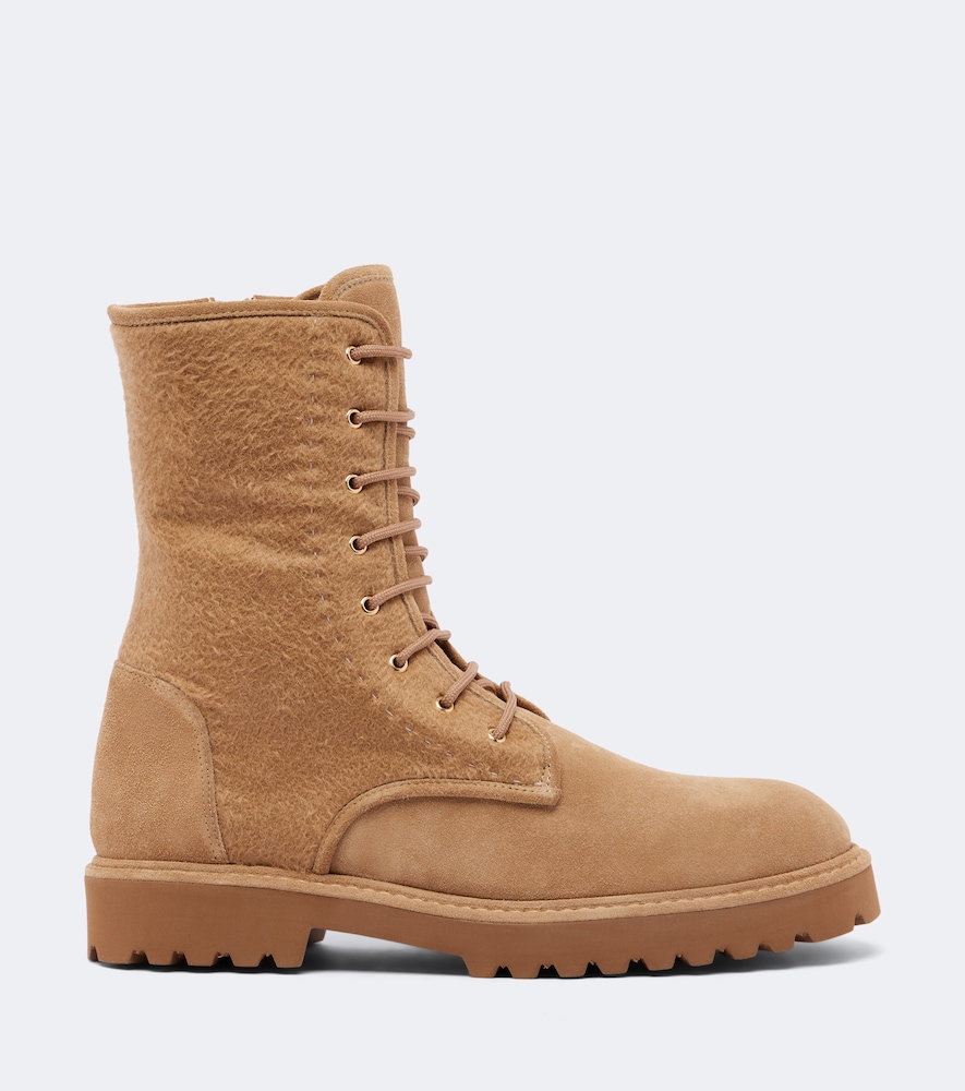 Cashmere-Trimmed Suede Combat Boots