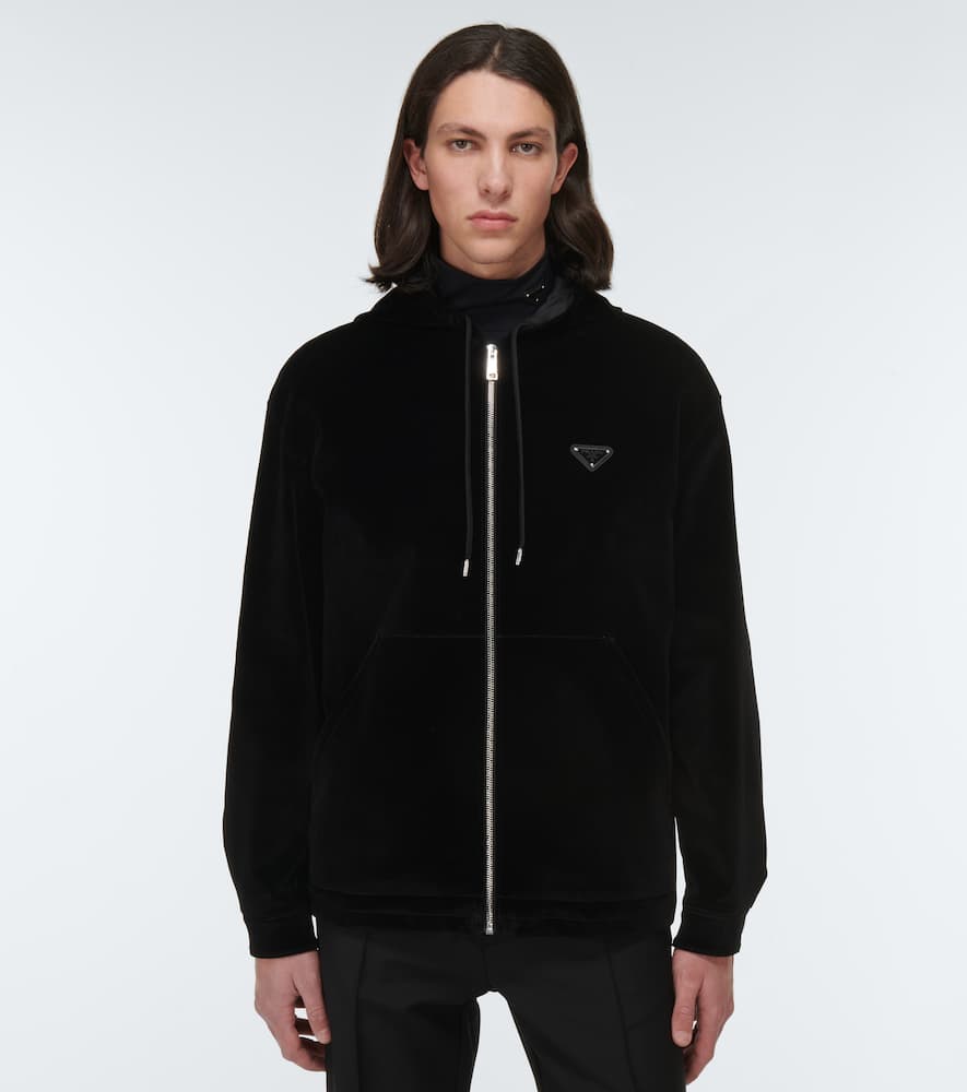Prada Velour Hooded Sweatshirt In Nero