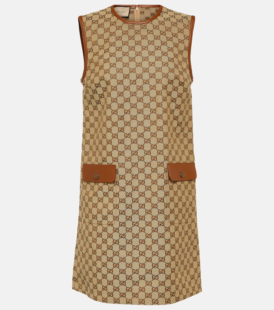 Shop Gucci Gg Leather-trimmed Canvas Minidress In Brown