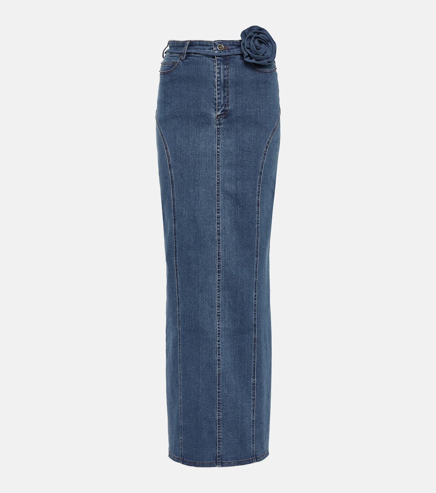 Rotate Floral-appliqué denim maxi skirt
