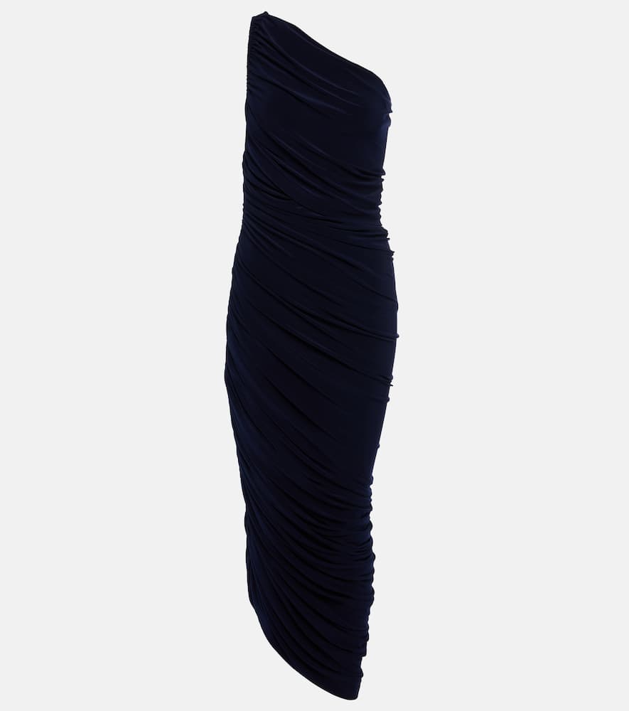 Shop Norma Kamali Diana Ruched One-shoulder Maxi Dress In True Navy