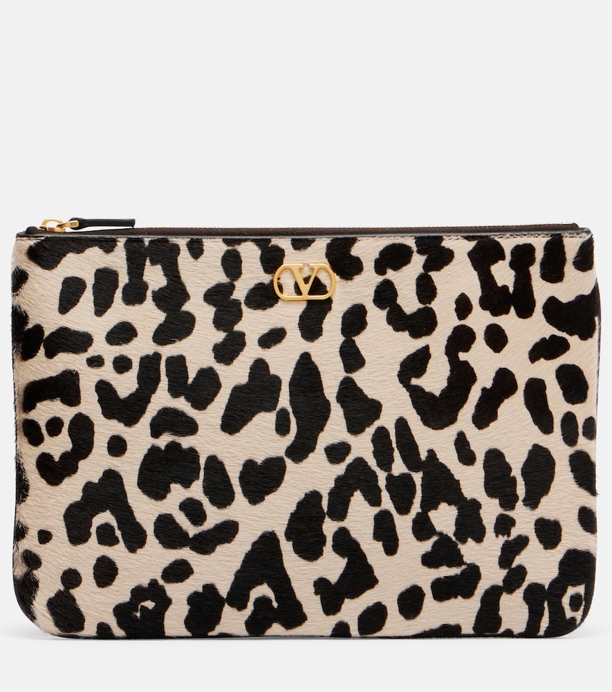 Valentino Vlogo Signature Medium Leopard-print Calf-hair Clutch In Multi