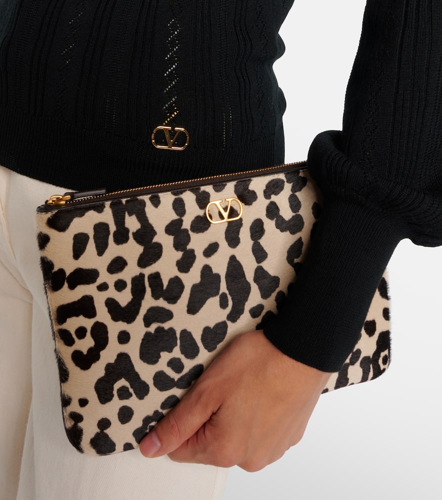 Valentino Vlogo Signature Medium Leopard-print Calf-hair Clutch In Multi