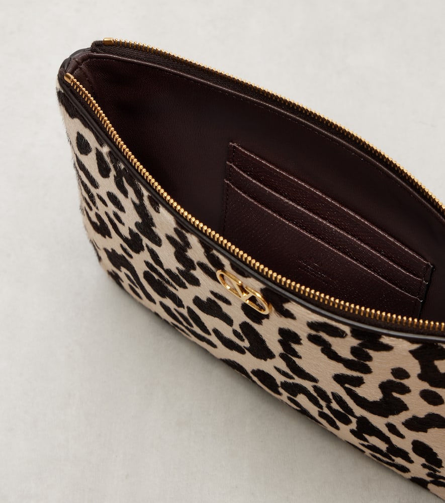 Valentino Vlogo Signature Medium Leopard-print Calf-hair Clutch In Multi