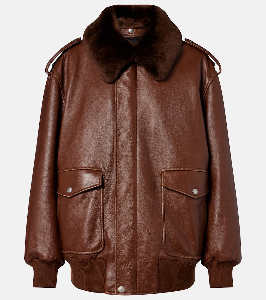 Prada Lederjacke Mit Shearling In Brown