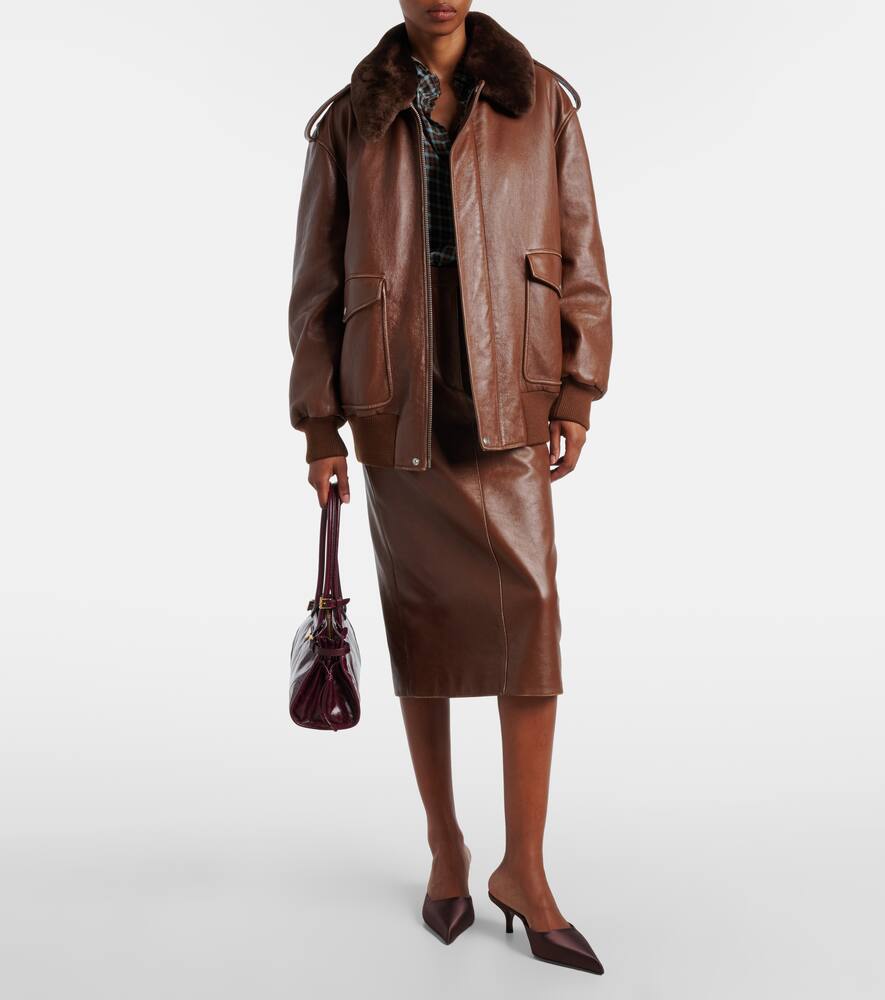 Prada Lederjacke Mit Shearling In Brown