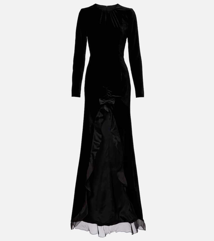 Alessandra Rich Ruched Silk-trimmed Asymmetric Velvet Gown In Black
