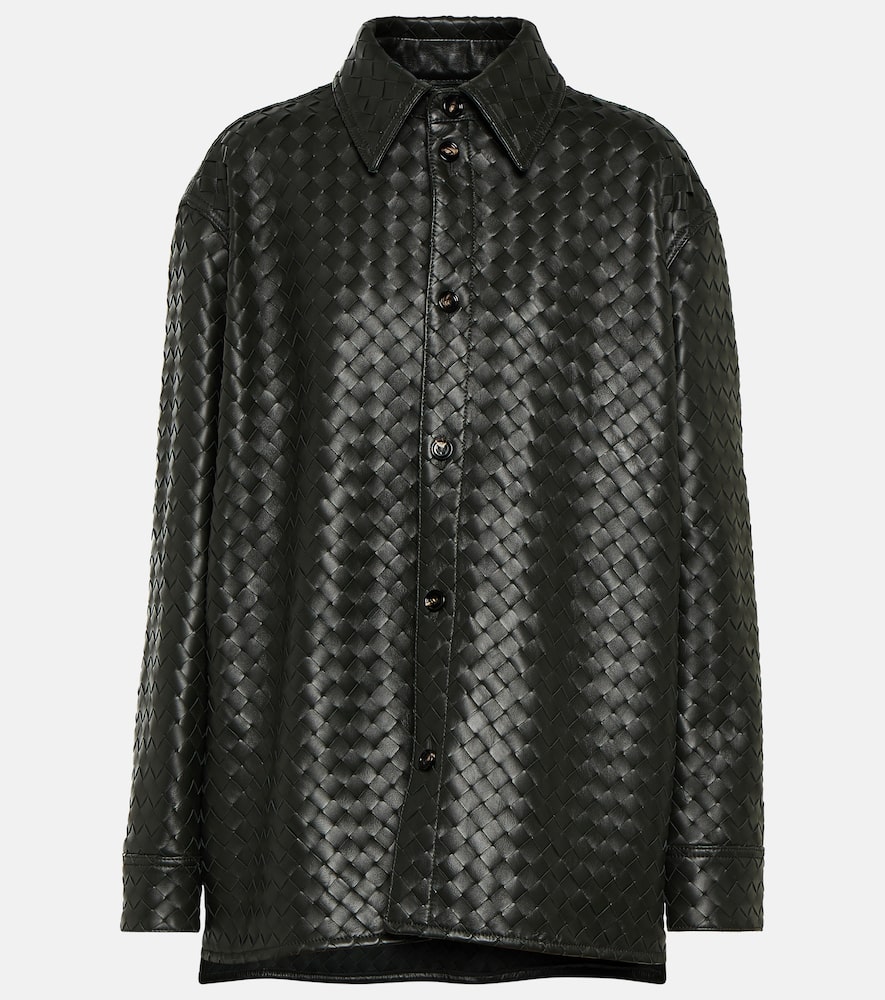 Bottega Veneta Intrecciato Casual Leather Shirt In Green