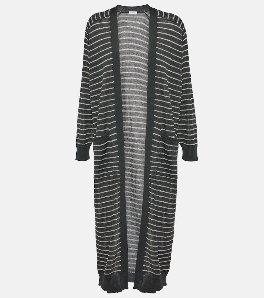 Brunello Cucinelli Sequin-striped Cotton Longline Cardigan In Lavagna+stracciatella