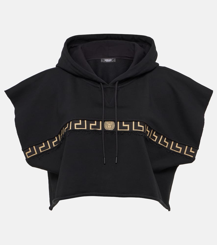 Versace Greca Border Jersey Cropped Hoodie In Black