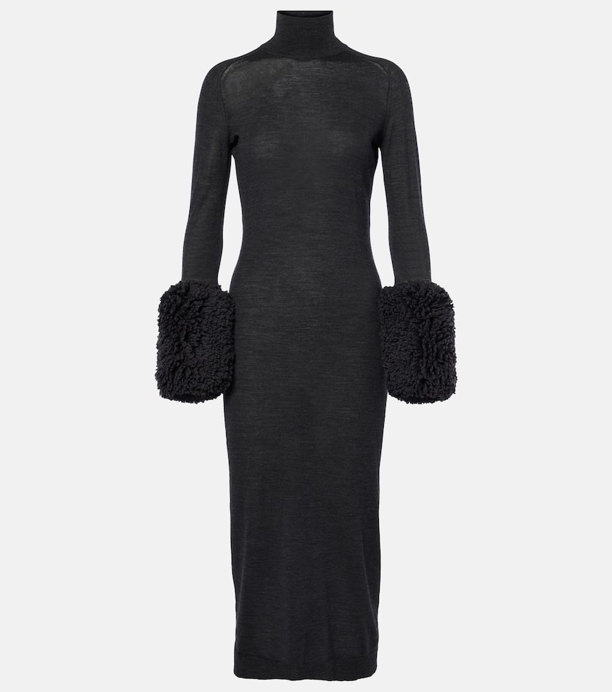 Alaïa Faux shearling-trimmed virgin wool midi dress