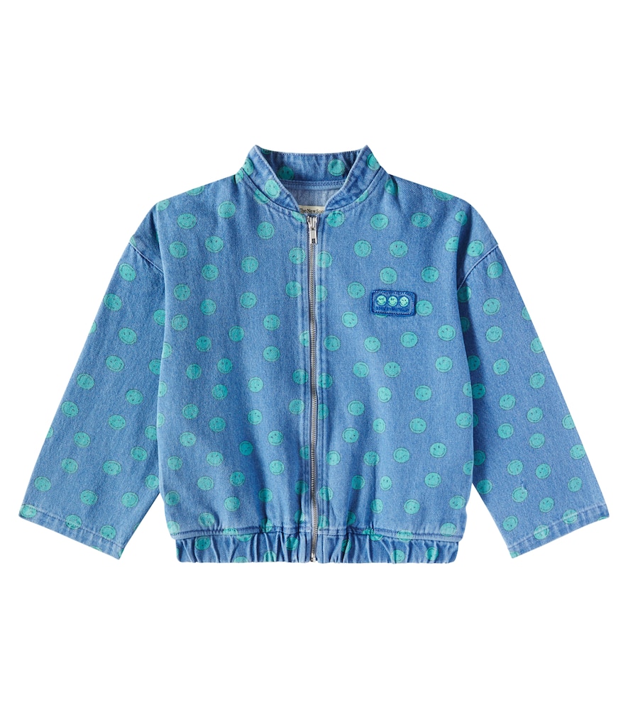 The New Society Smiley Printed Denim Bomber Jacket In Light Blue Denim