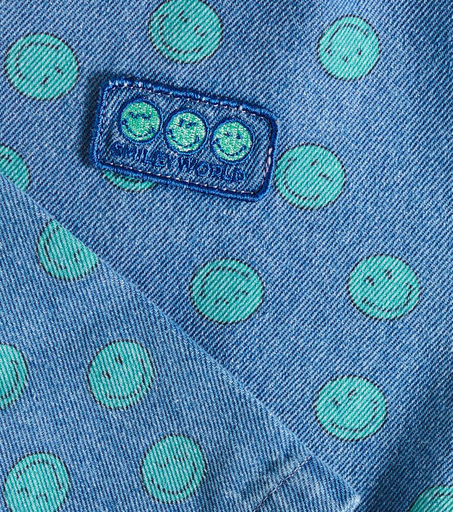 The New Society Smiley Printed Denim Bomber Jacket In Light Blue Denim