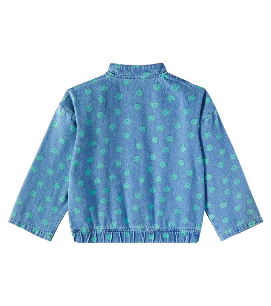 The New Society Smiley Printed Denim Bomber Jacket In Light Blue Denim