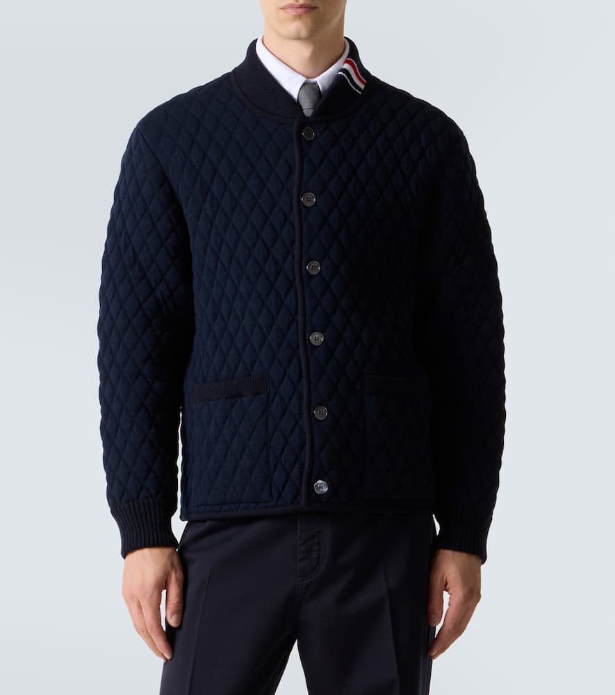 Thom Browne Blue Quilted Jacket With Bomber Collar And Logo Embroidery On The Collar In Blue