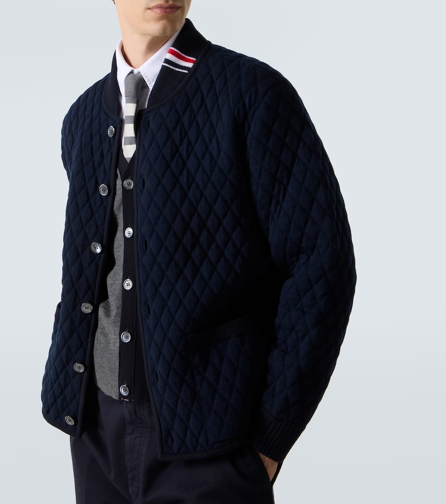 Thom Browne Blue Quilted Jacket With Bomber Collar And Logo Embroidery On The Collar In Blue