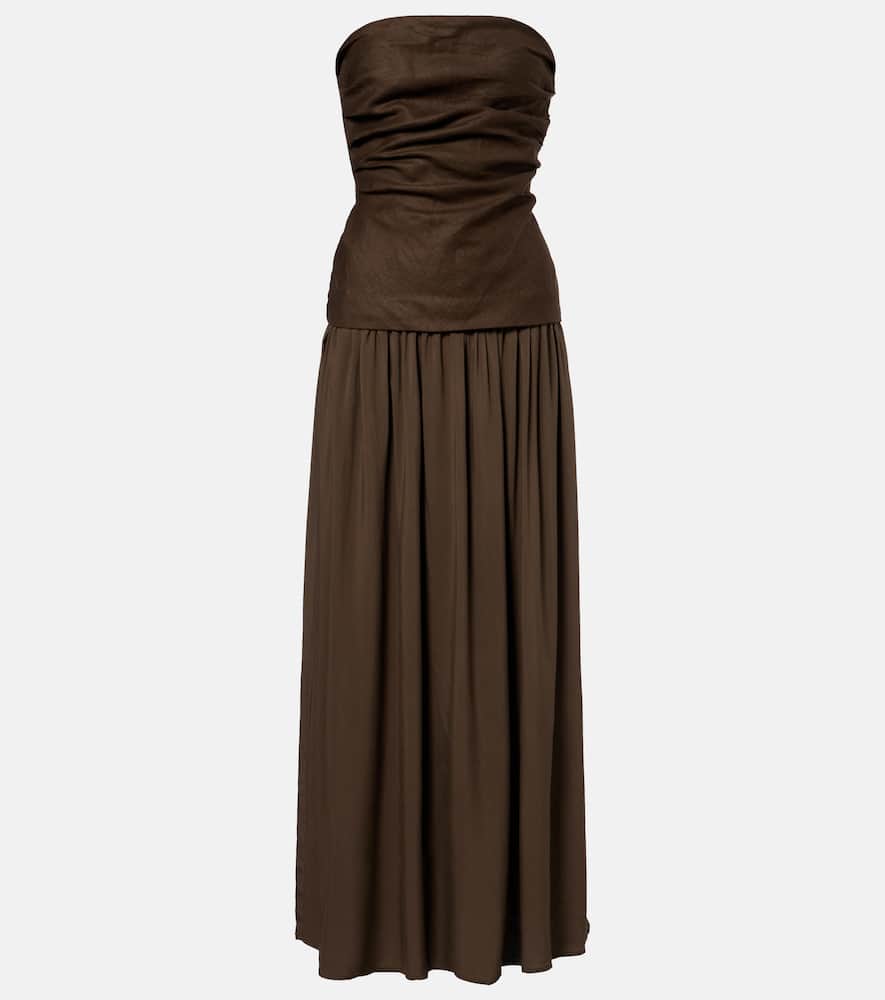 Faithfull Hedy Strapless Gathered Linen And Voile Maxi Dress In Green
