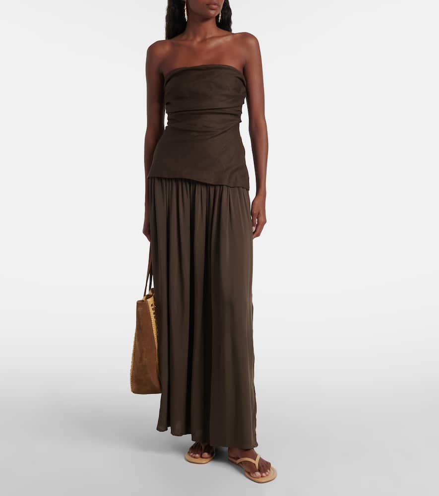 Faithfull Hedy Strapless Gathered Linen And Voile Maxi Dress In Green