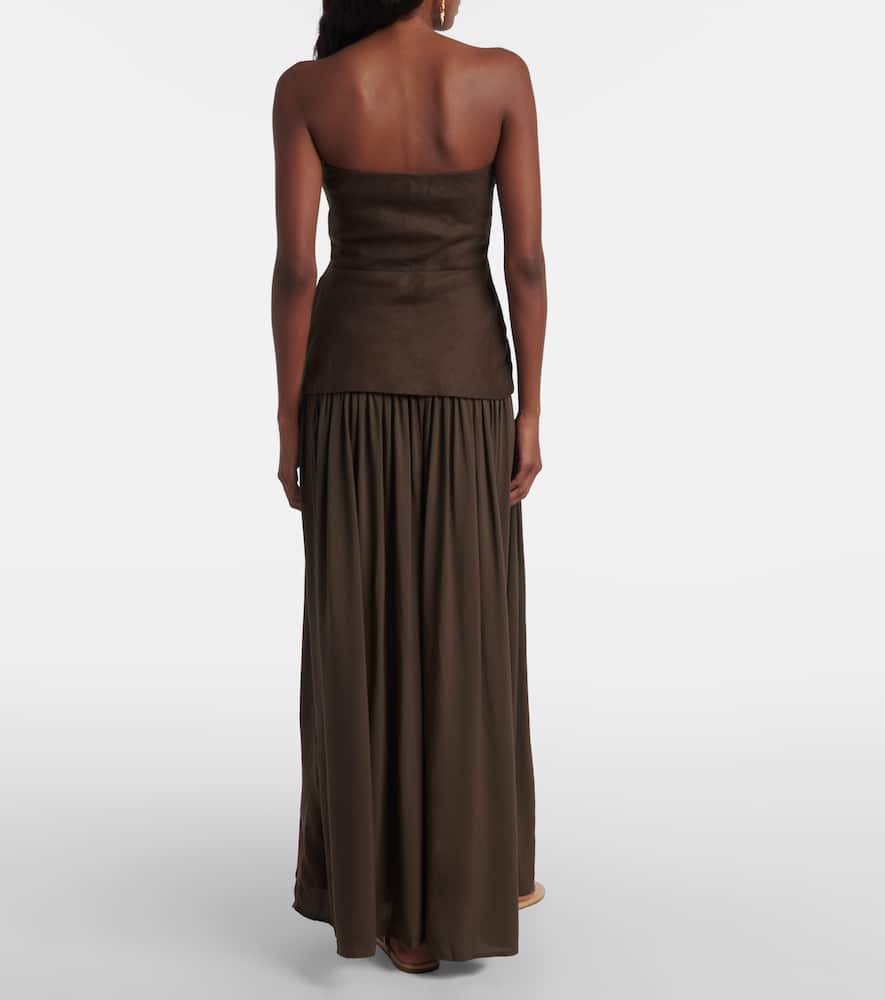 Faithfull Hedy Strapless Gathered Linen And Voile Maxi Dress In Green