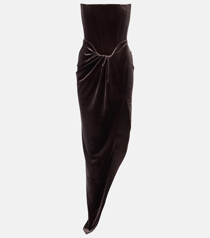 Alex Perry Draped Asymmetric Velvet Bustier Dress In Brown