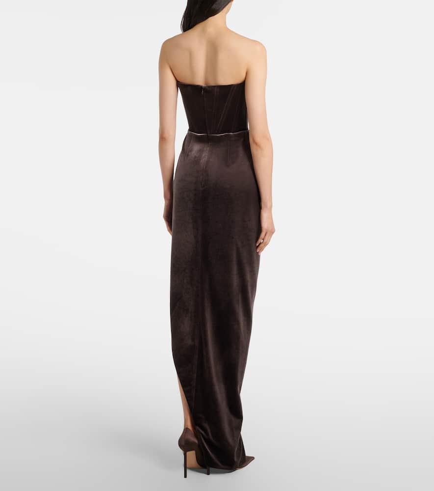 Alex Perry Draped Asymmetric Velvet Bustier Dress In Brown