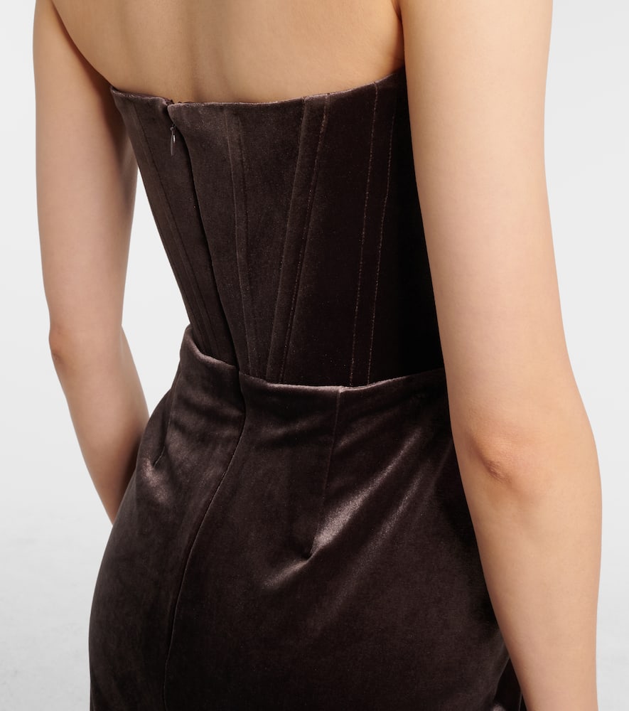 Alex Perry Draped Asymmetric Velvet Bustier Dress In Brown