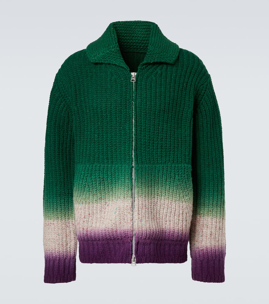 Sacai Ribbed-knit Wool Zip-up Cardigan In Green