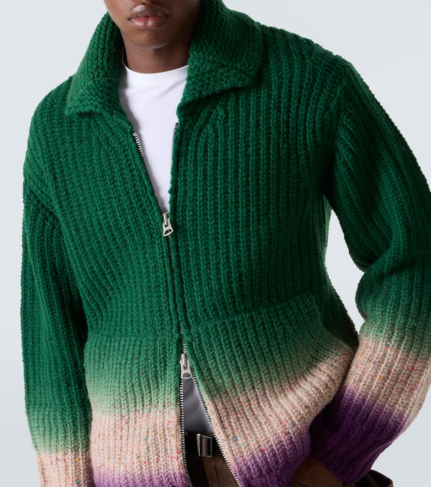 Sacai Ribbed-knit Wool Zip-up Cardigan In Green