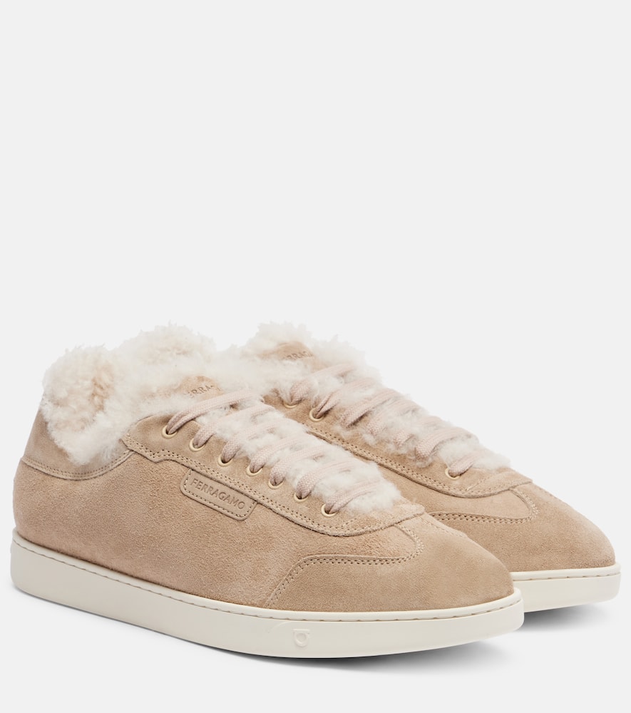 Ferragamo Shearling-lined Suede Sneakers In Brown
