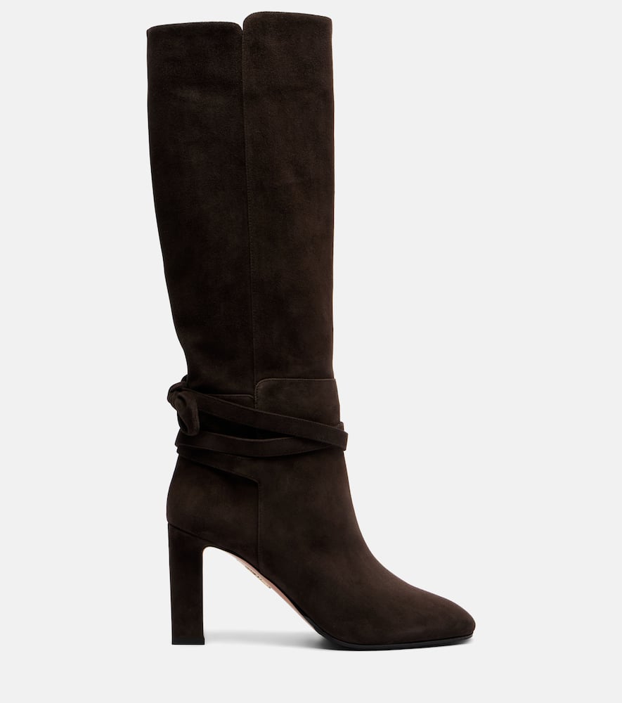Aquazzura Very Bow 85 Suede Knee-high Boots In Brown