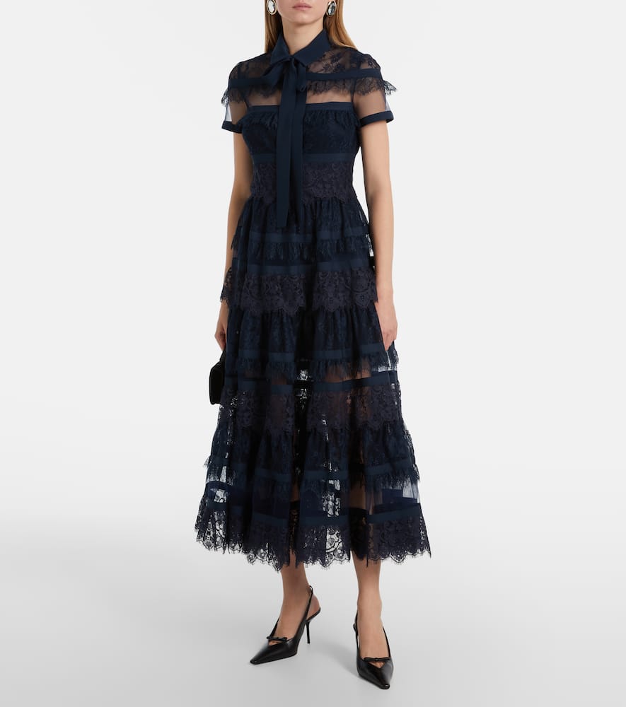 Elie Saab Tie-neck Lace Midi Dress In Blue