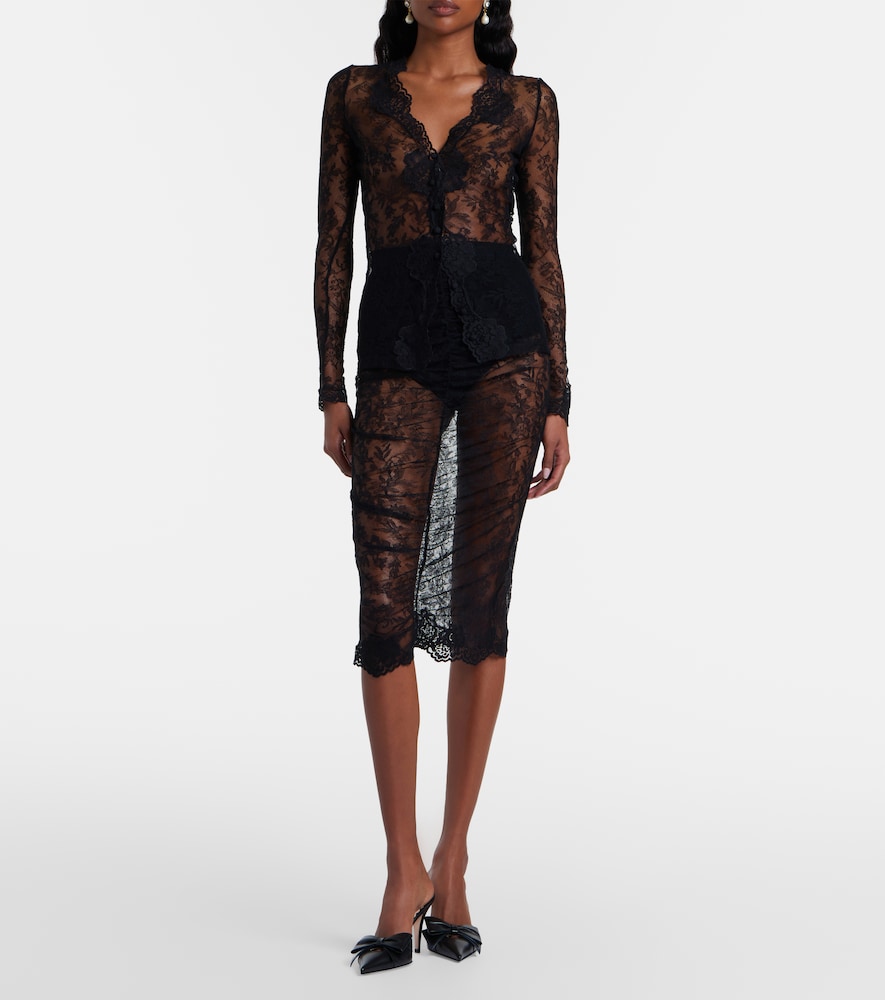  Valentino Valentino Floral Ruched Sheer Lace Midi Skirt 