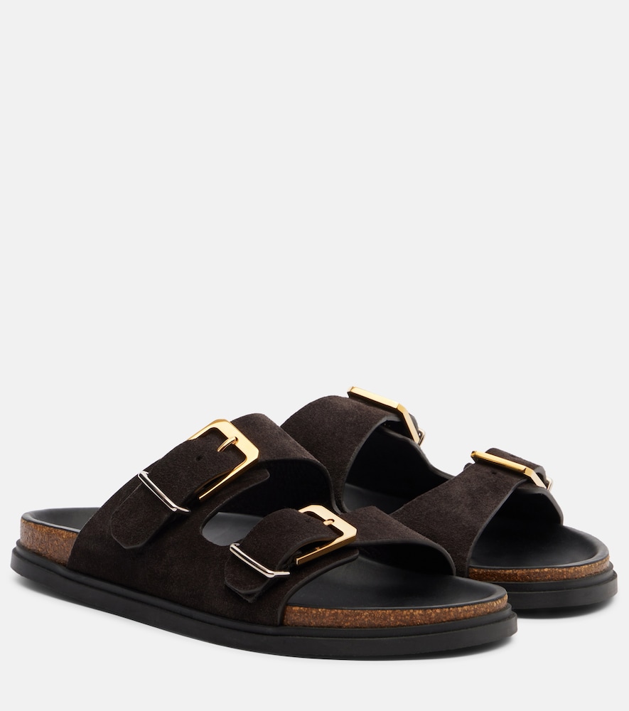 The Row Buckle suede slides