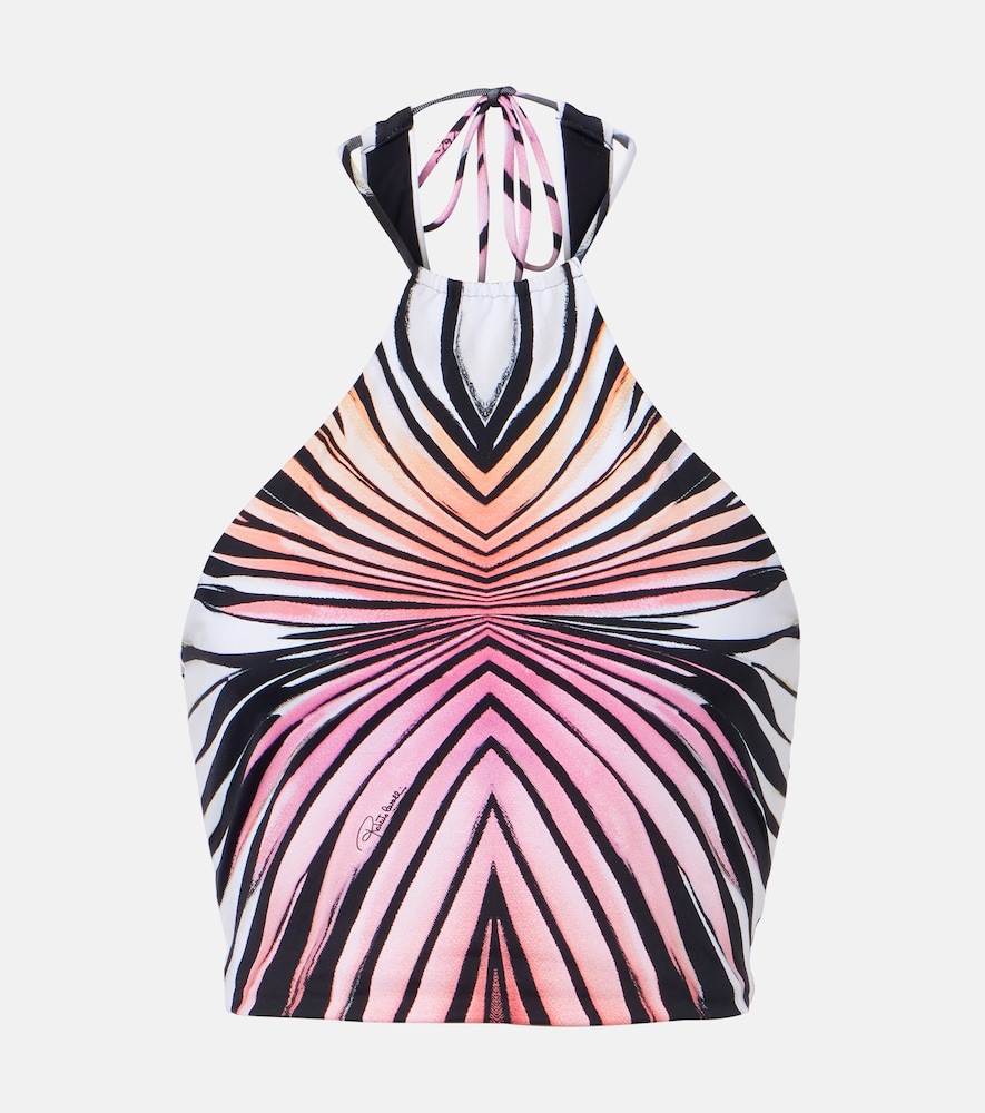Roberto Cavalli Printed halterneck mesh crop top