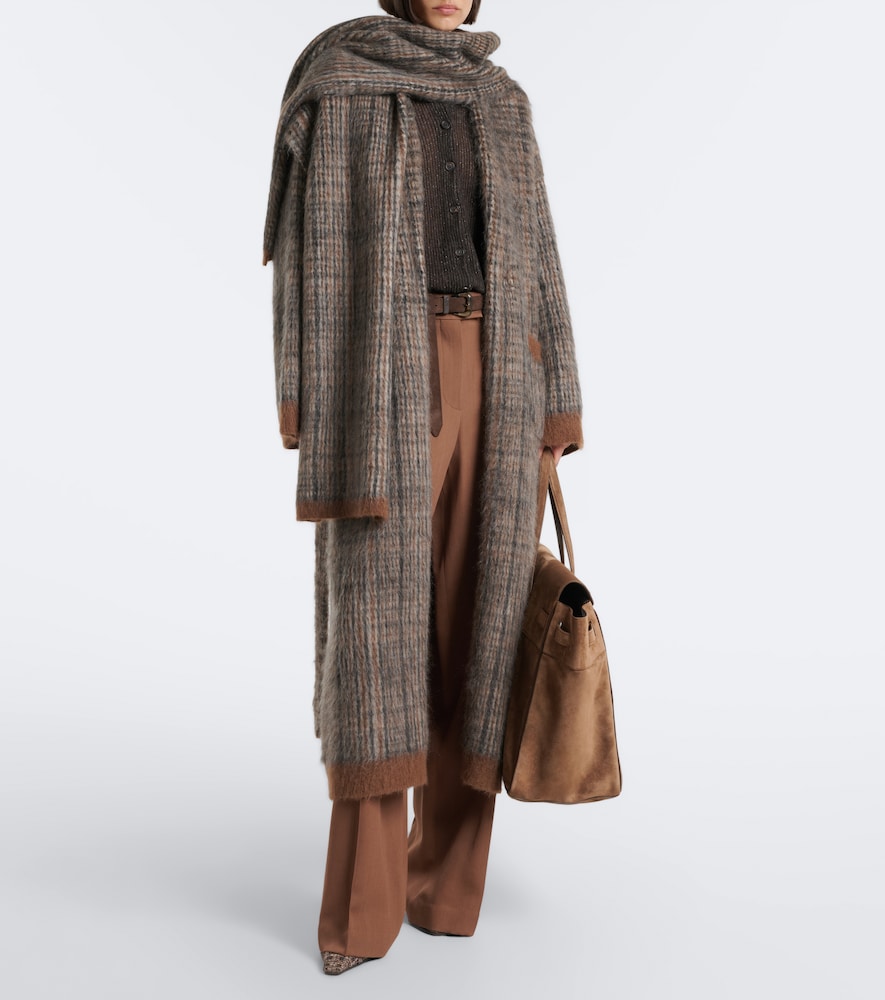 Checked Scarf-Detail Mohair-Blend Wrap Coat