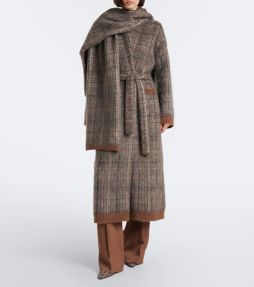 Checked Scarf-Detail Mohair-Blend Wrap Coat