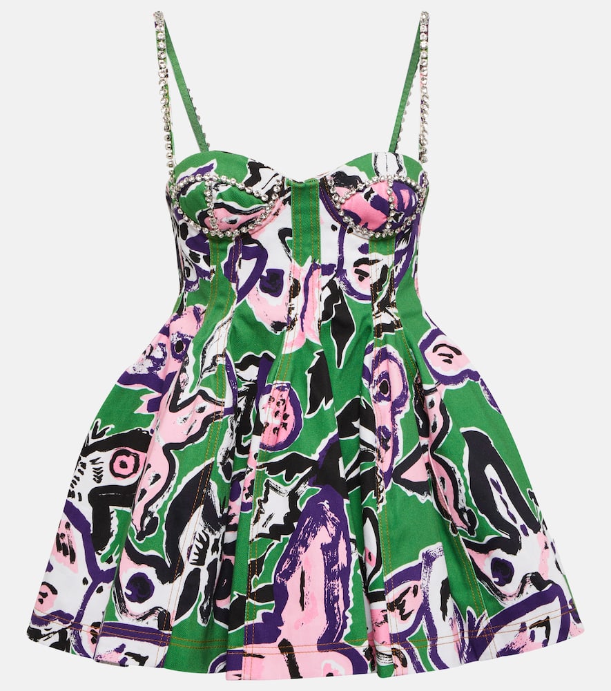 Area Embellished printed denim minidress