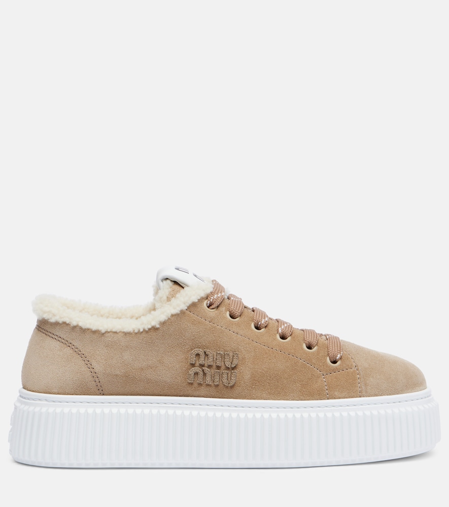  Miu Miu Miu Miu Shearling-lined Suede Platform Sneakers 