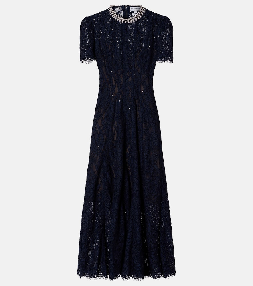 Self-portrait Navy Lace Midi Dress With Pearl And Crystal Embellished Collar In Blue