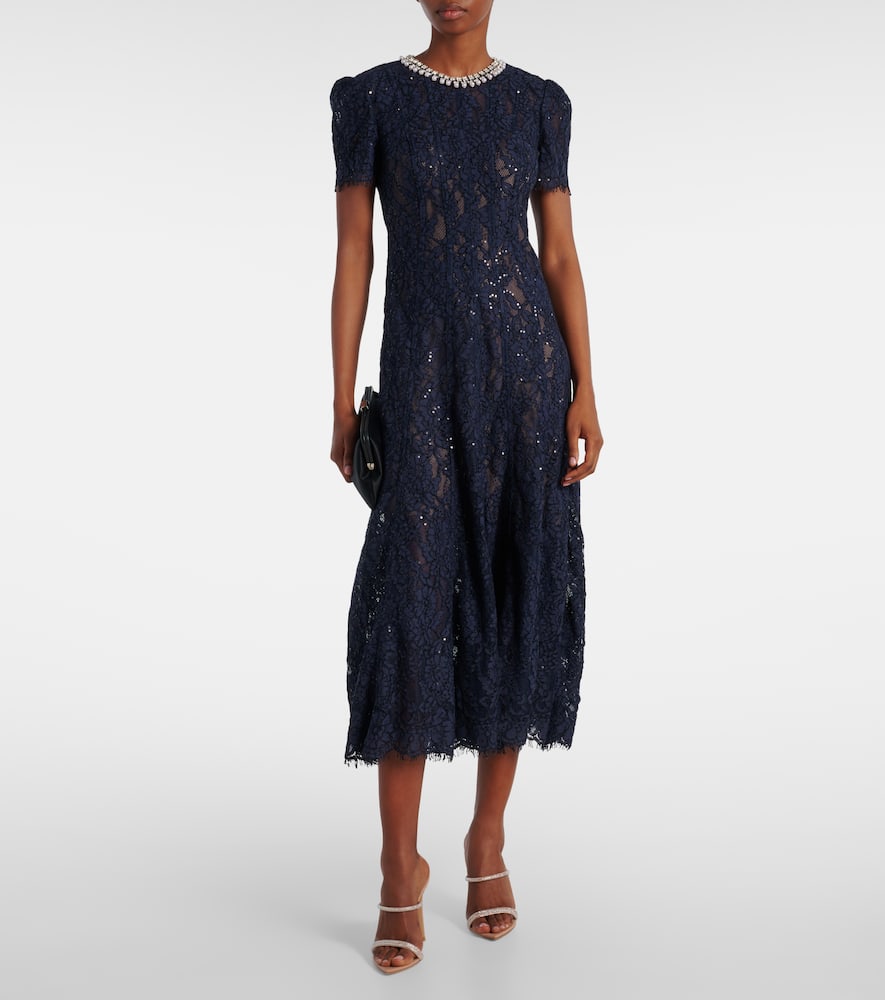 Self-portrait Navy Lace Midi Dress With Pearl And Crystal Embellished Collar In Blue