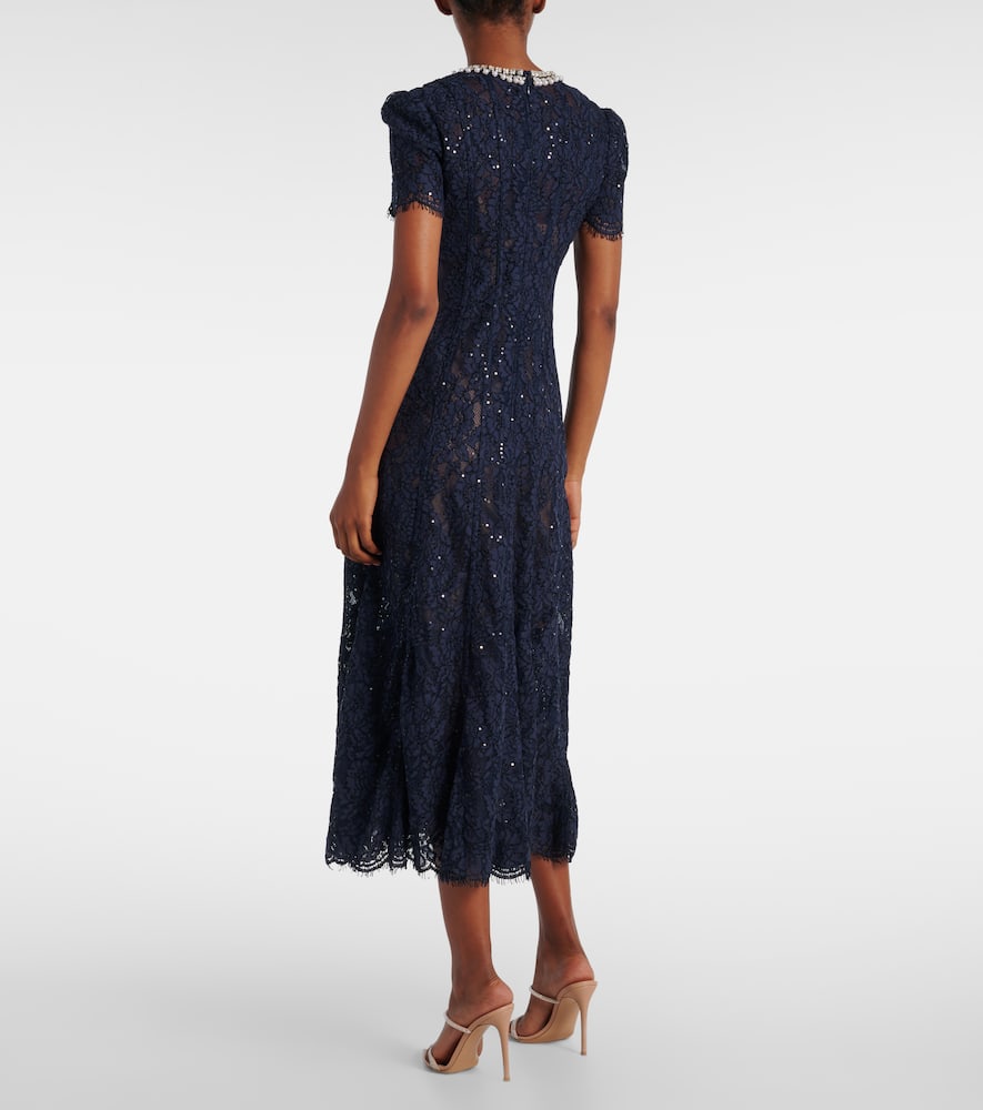 Self-portrait Navy Lace Midi Dress With Pearl And Crystal Embellished Collar In Blue