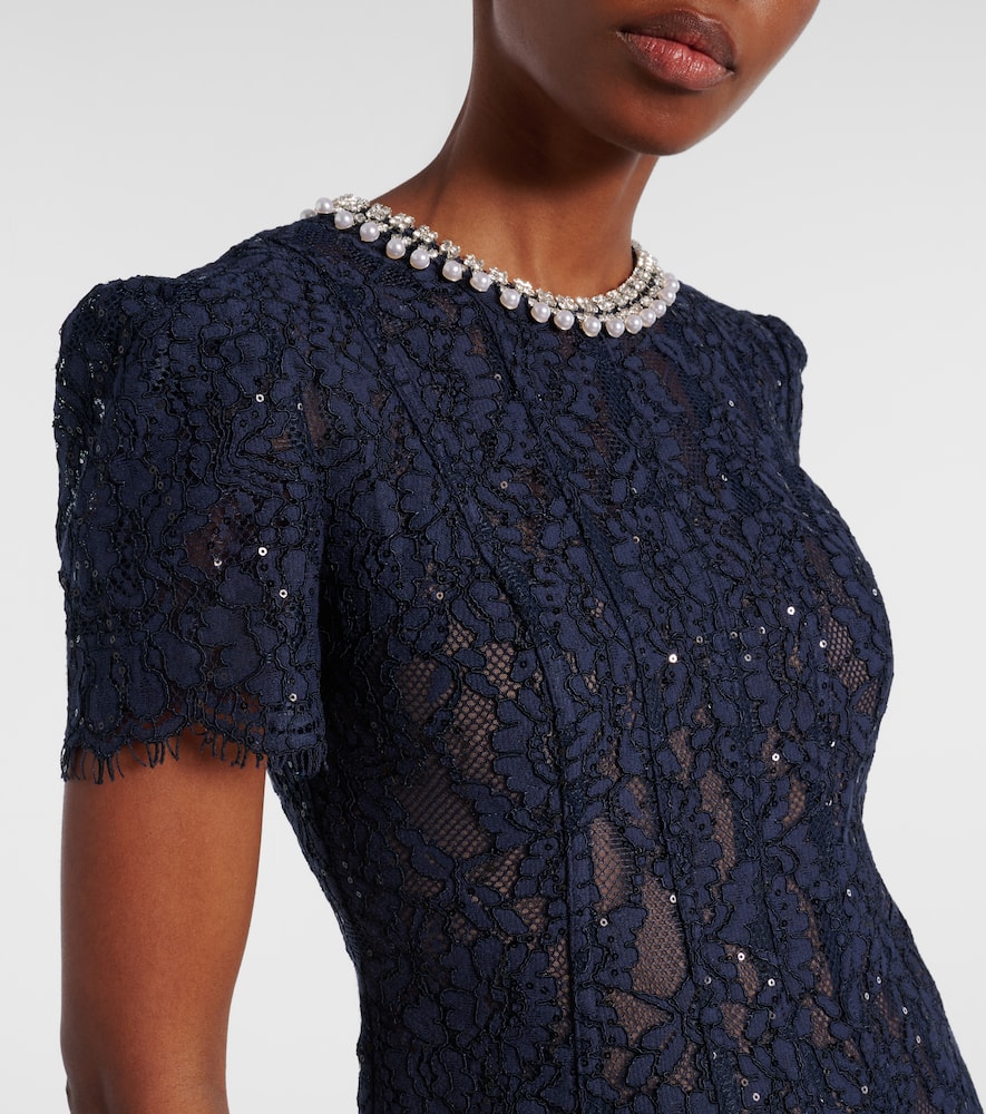 Self-portrait Navy Lace Midi Dress With Pearl And Crystal Embellished Collar In Blue