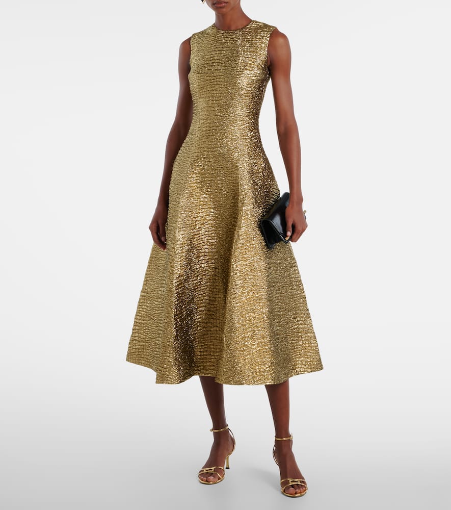 Emilia Wickstead Mara Metallic-effect Seersucker Midi Dress In Gold
