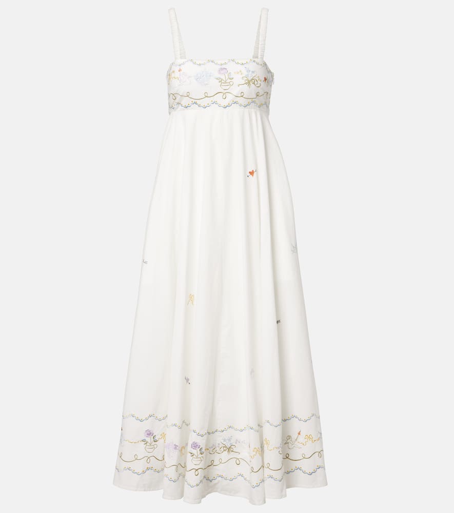 Alemais Giulia Shirred Embroidered Organic Cotton-poplin Maxi Dress In White