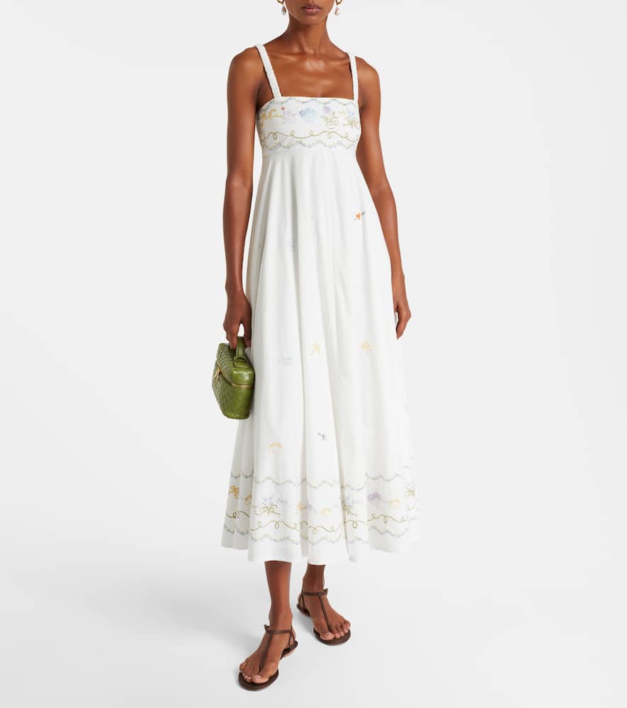 Alemais Giulia Shirred Embroidered Organic Cotton-poplin Maxi Dress In White