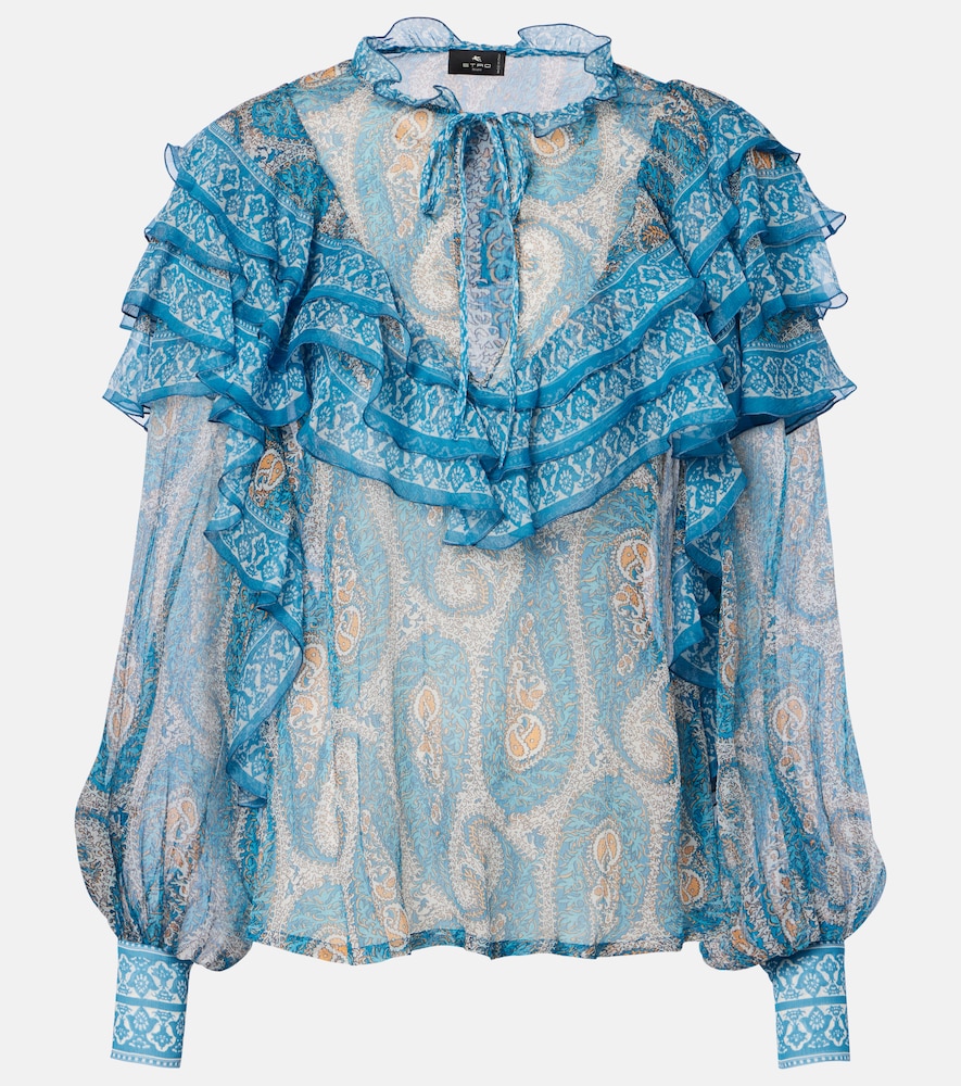 Etro Women's Blue Paisley Ruffled Silk Blouse UK Size 14 - Mytheresa