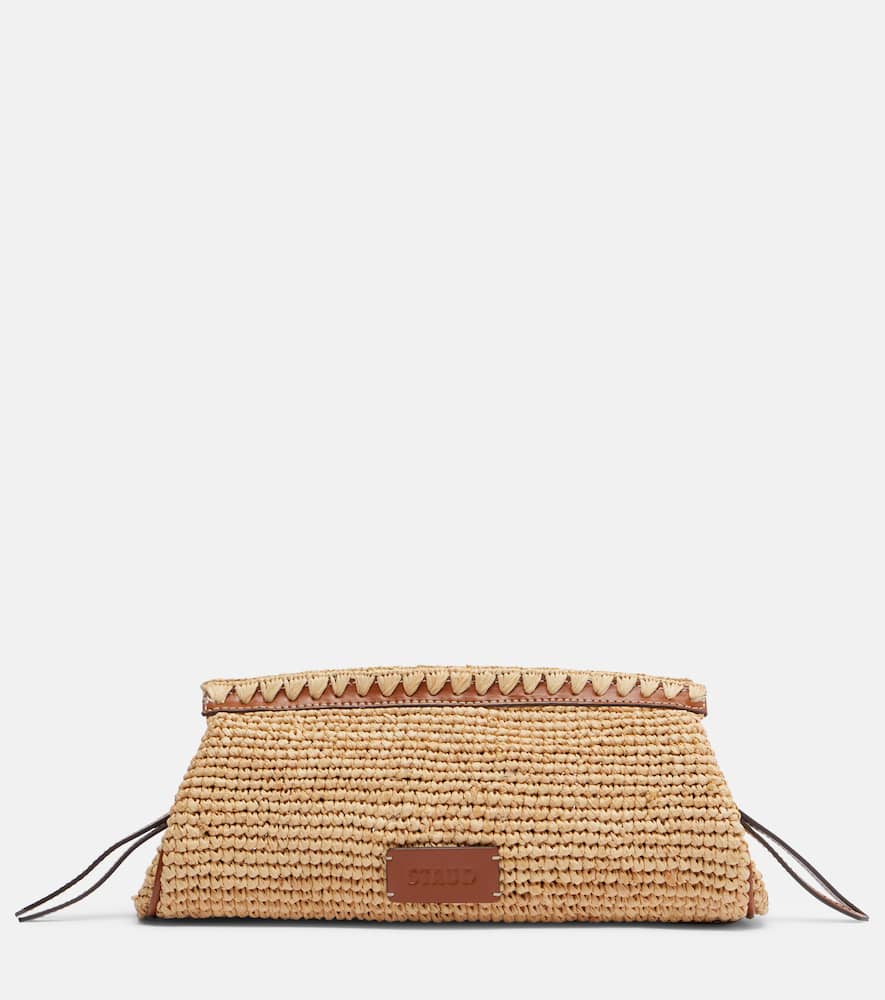 Staud Maude Leather-trimmed Raffia Clutch In Sand