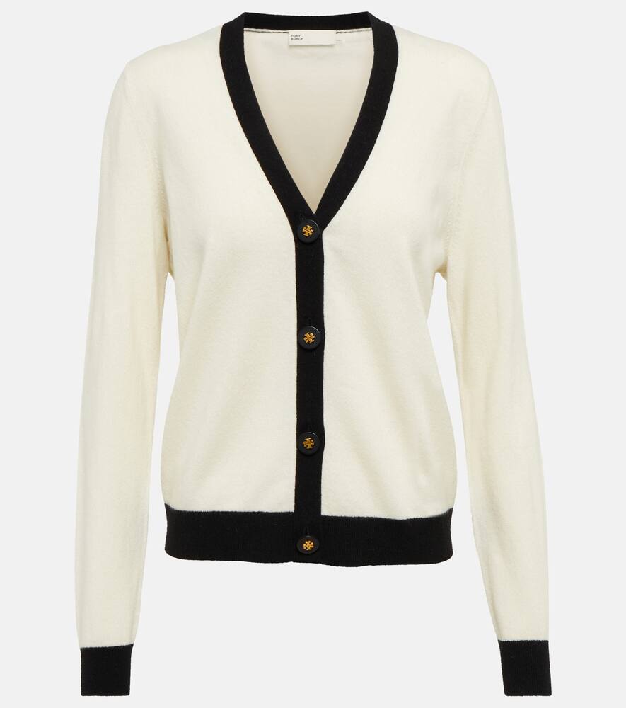 Tory Burch Colorblock Button-down Cashmere Cardigan In Black Ivoty