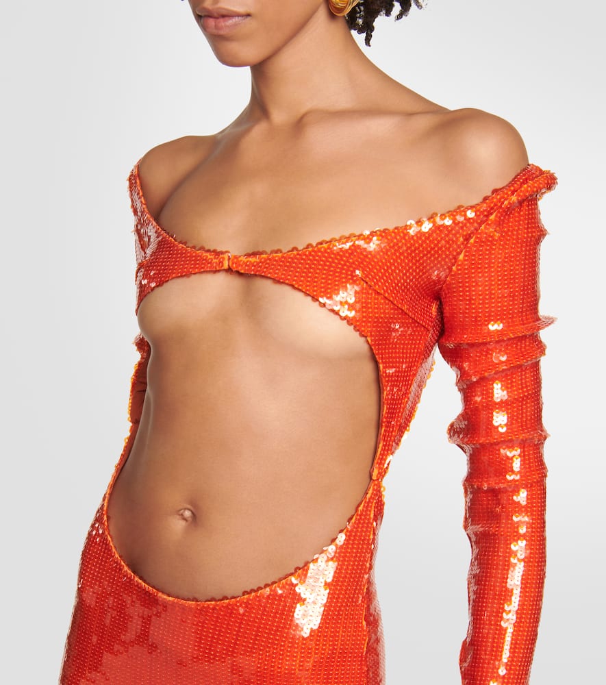 Shop Laquan Smith Sequined Cutout Off-shoulder Gown In Orange