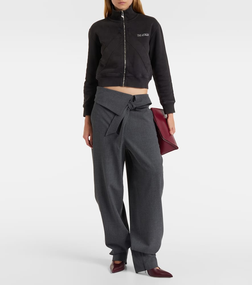 Attico Cropped Zip Fleece Ribbed Finish In Black